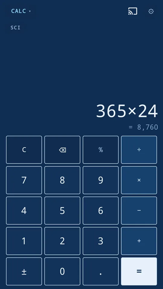 The calculator dressed in Blueprint: cyanotype blue board with pale line-work keys, a multiplication in progress