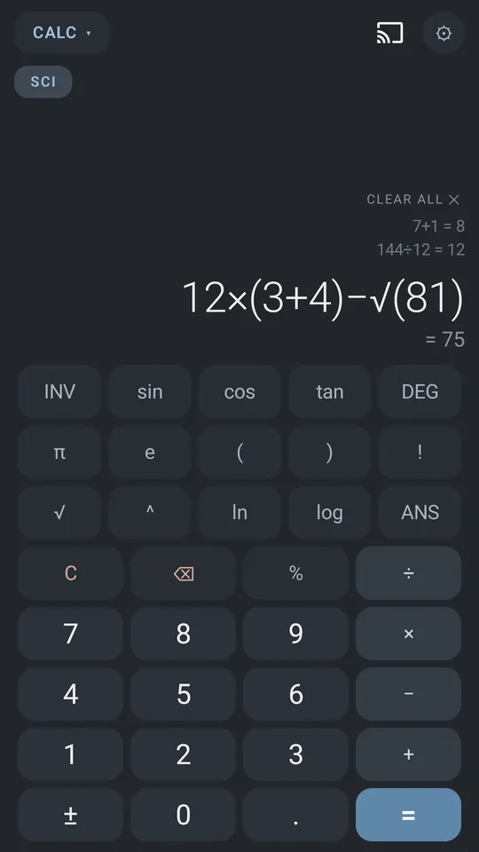 The calculator in Chalk: a worked sum on the slate board, the result tape above the display, the scientific keys open and the cast button in the top bar