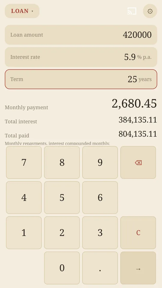 The Loan tool in Ledger: paper-and-ink board with amount, rate and years filled in, repayment and total interest worked out