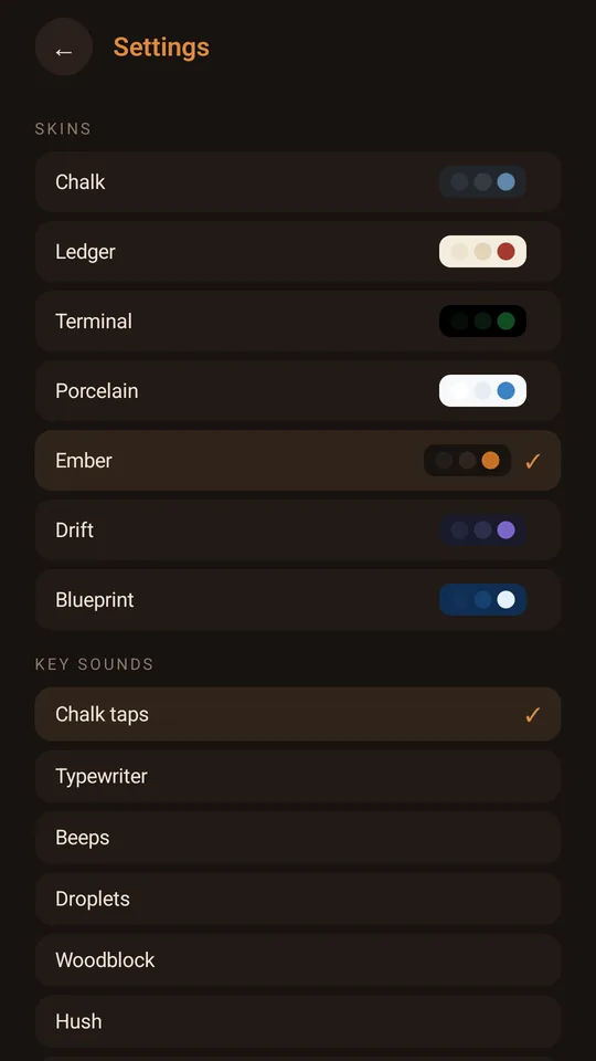 Settings in Ember: warm coals palette, the seven skins listed with their key sounds