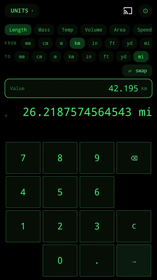 The Units tool in Terminal: green phosphor glow on a dark board, kilometres converted to miles